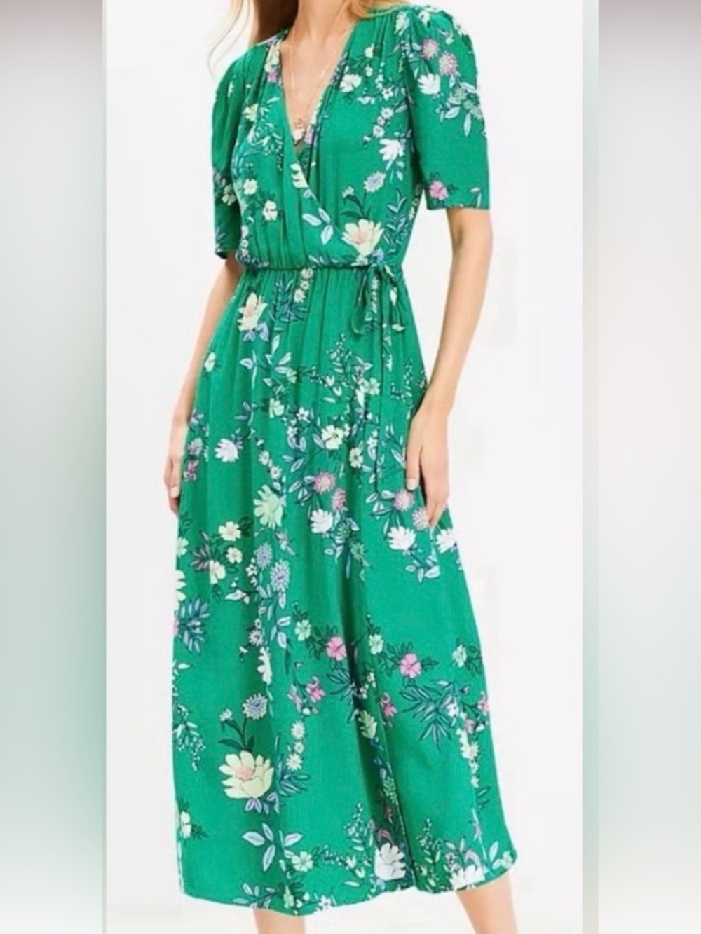 LOFT Green Floral Wrap-Style Midi Dress